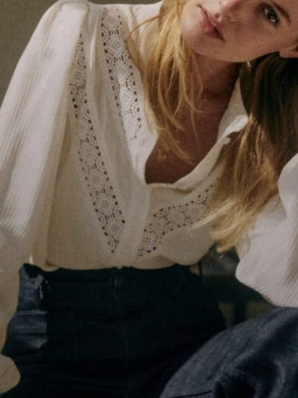 Sezane Jazz Shirt White Lace-Trim Button-Up Blouse size 34